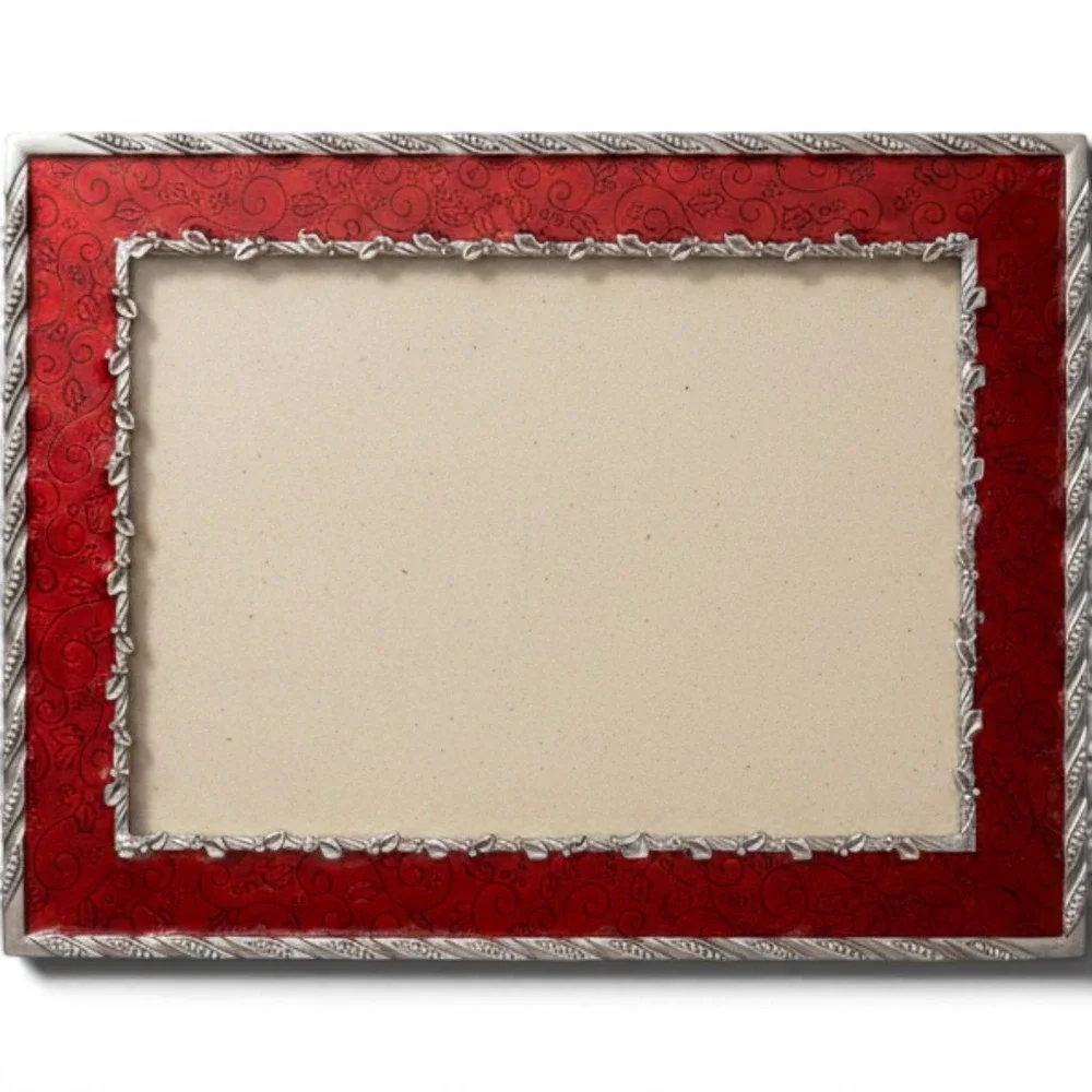 Red Enamel Silver Tone Scroll‎ Holly Leaf Picture Frame Tabletop 5x7 Holiday